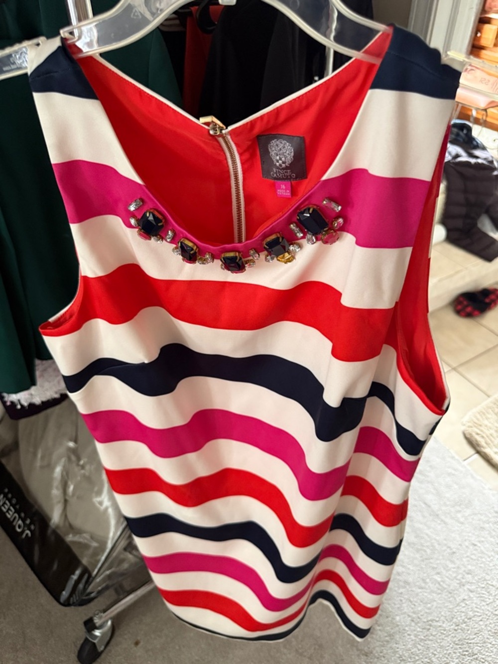 Vince Camuto Striped Jewel-Neck Sleeveless Top in Pink, Red, Navy, White